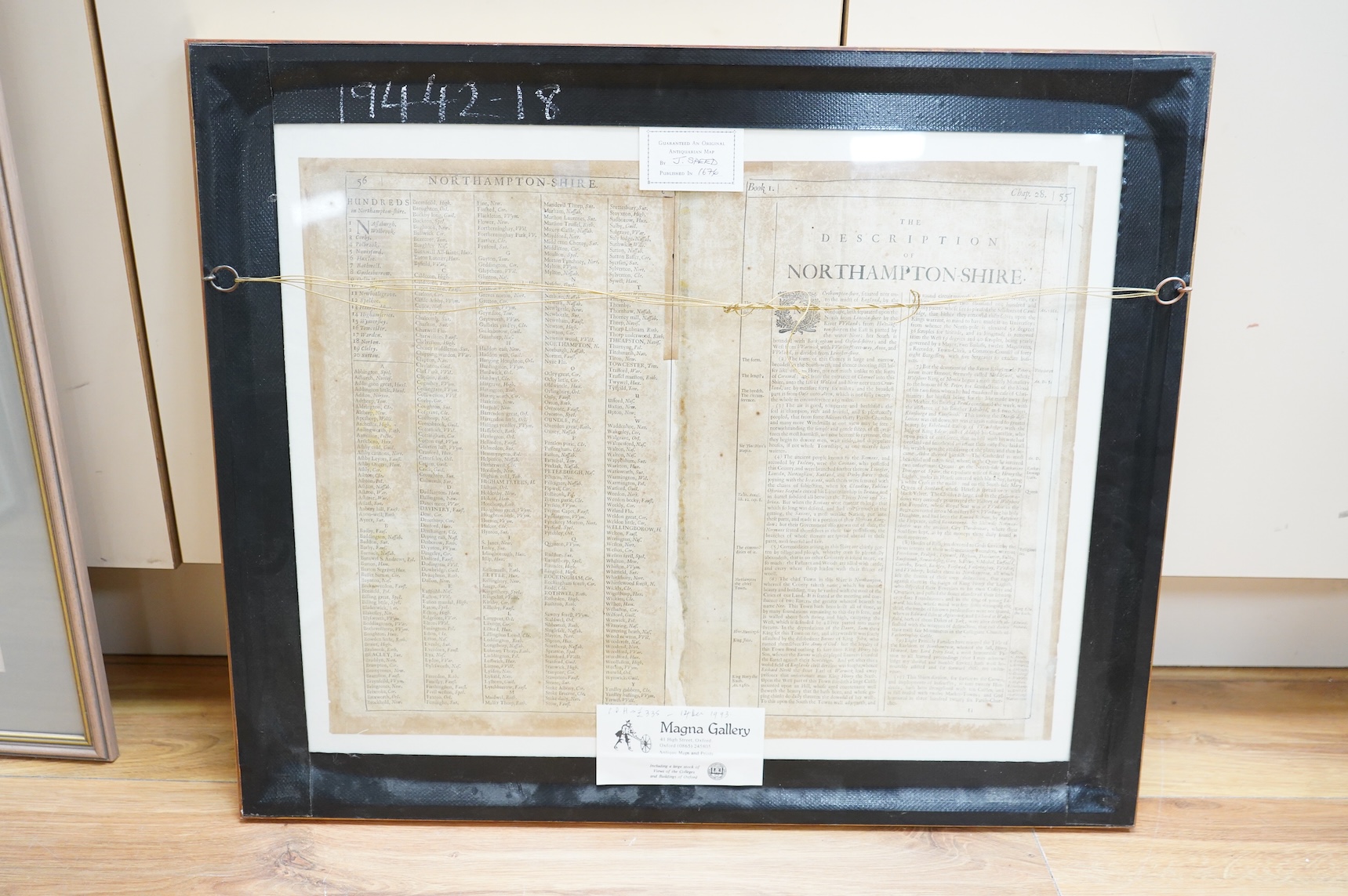 John Speed (1552-1629), Northamptonshire, sold by Thomas Bassett and Richard Chiswell, hand coloured engraved map, published 1676, text and gallery label verso, 39 x 51cm